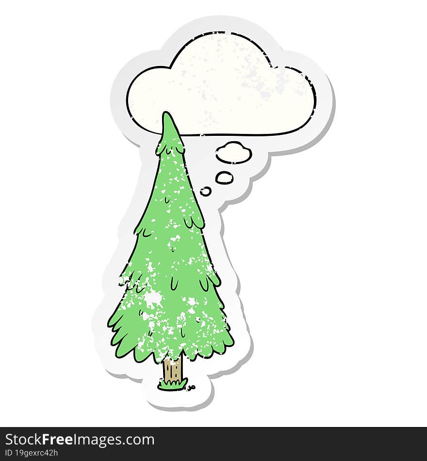 cartoon christmas tree with thought bubble as a distressed worn sticker