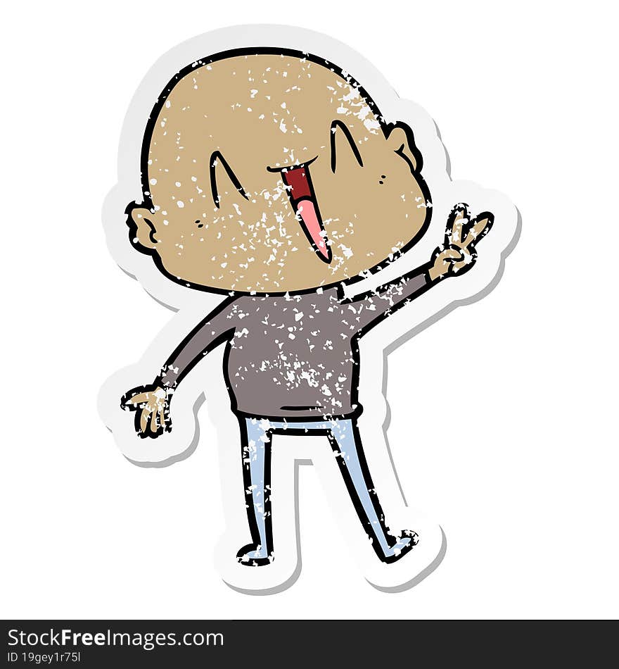 distressed sticker of a happy cartoon bald man