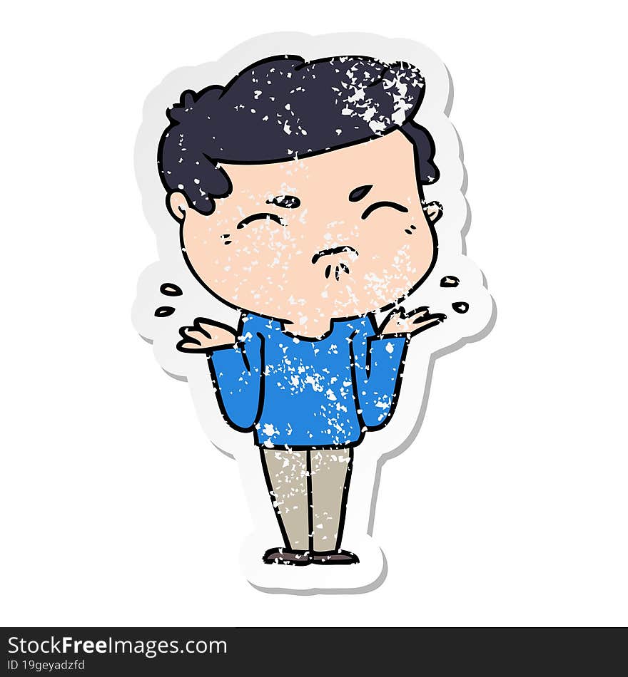 distressed sticker of a cartoon annoyed man