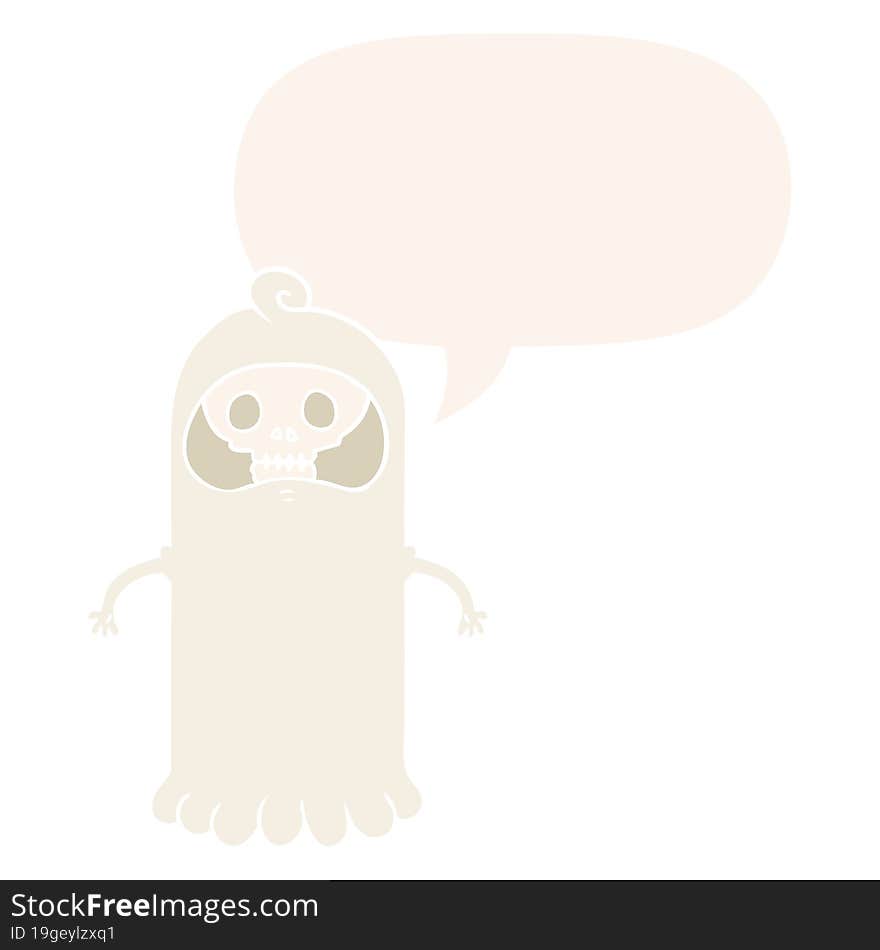 cartoon spooky skull ghost and speech bubble in retro style