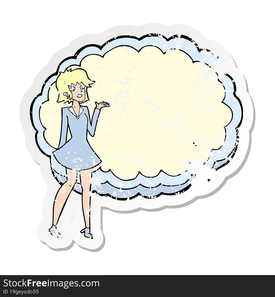 retro distressed sticker of a cartoon friendly woman with cloud text space