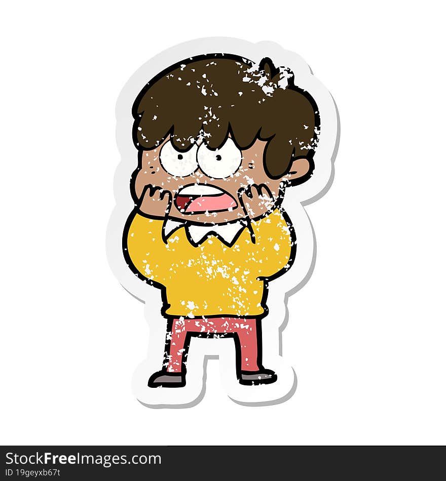 distressed sticker of a worried cartoon boy