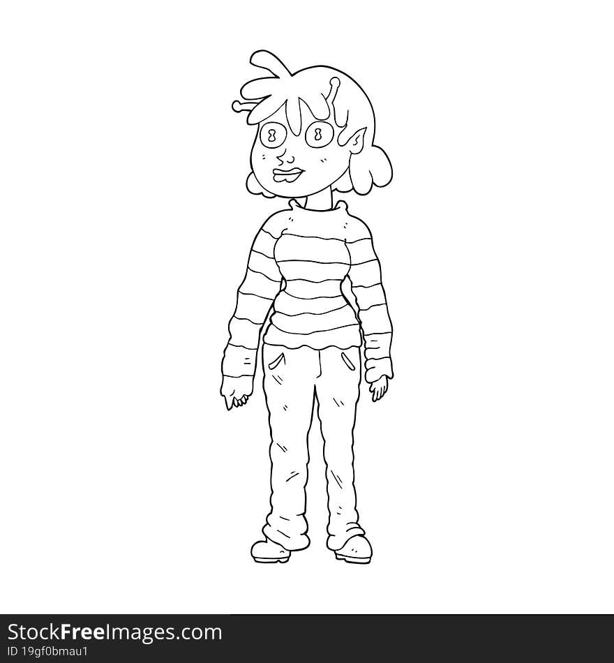 freehand drawn black and white cartoon casual alien girl