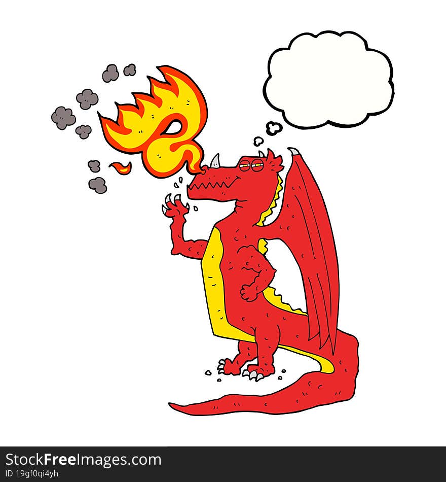 freehand drawn thought bubble cartoon happy dragon breathing fire