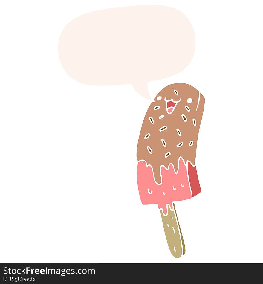 cute cartoon happy ice lolly with speech bubble in retro style