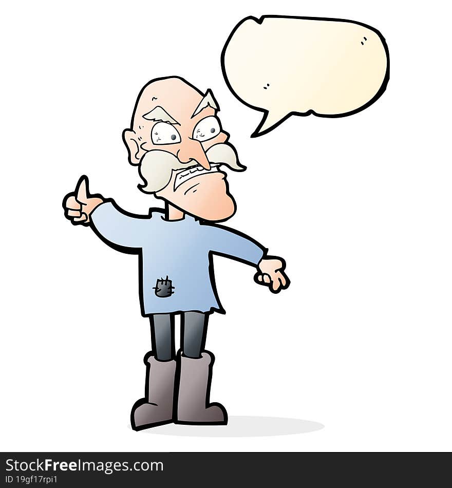 cartoon angry old man in patched clothing with speech bubble