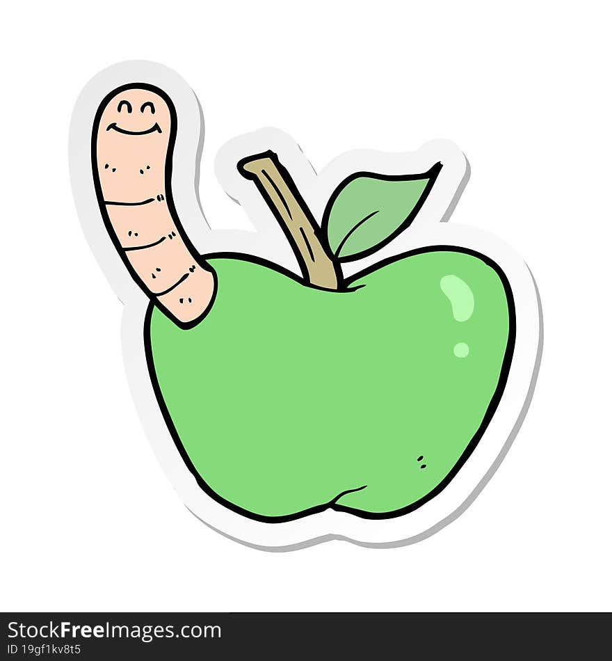 sticker of a cartoon apple with worm