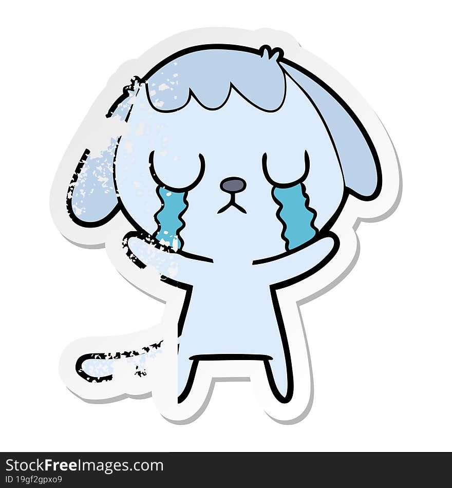 distressed sticker of a cute cartoon dog crying