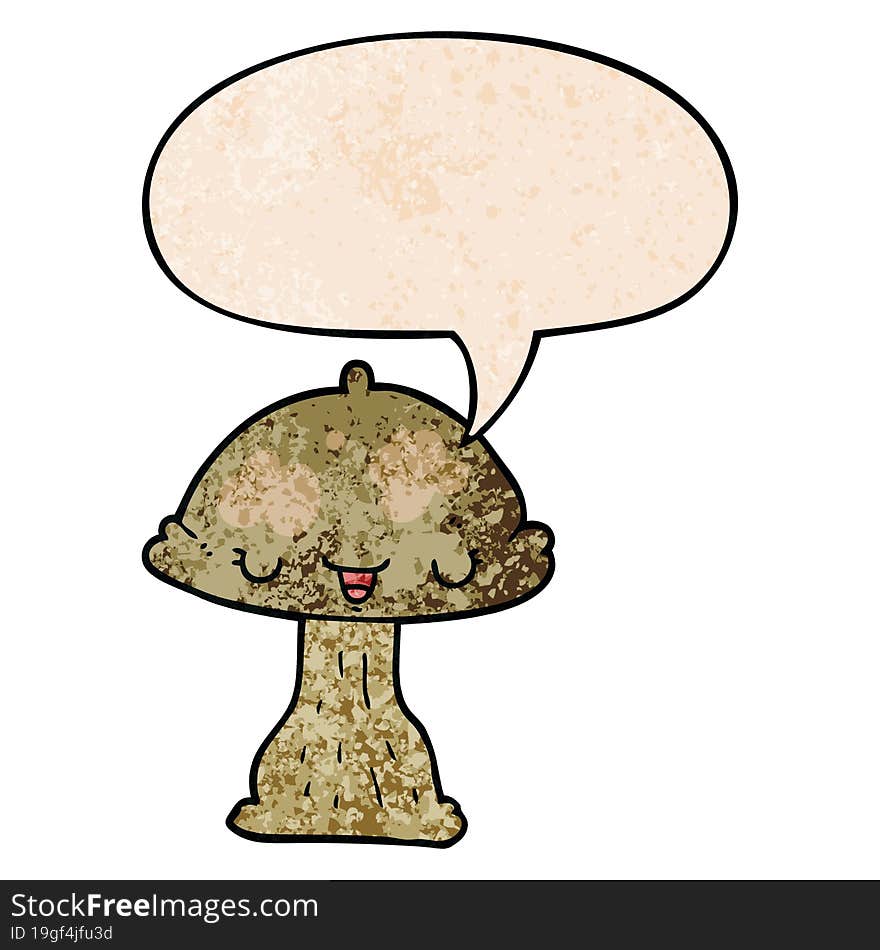 cartoon toadstool with speech bubble in retro texture style