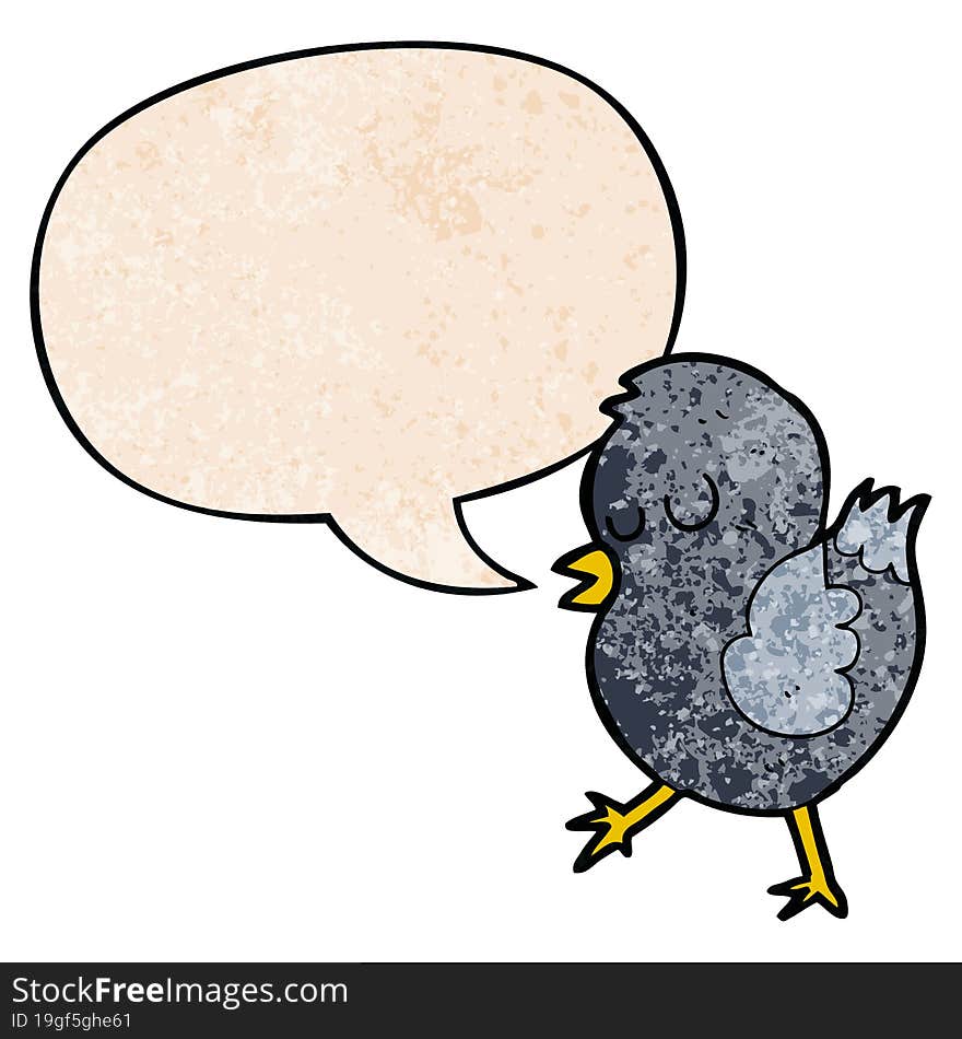 cartoon bird and speech bubble in retro texture style