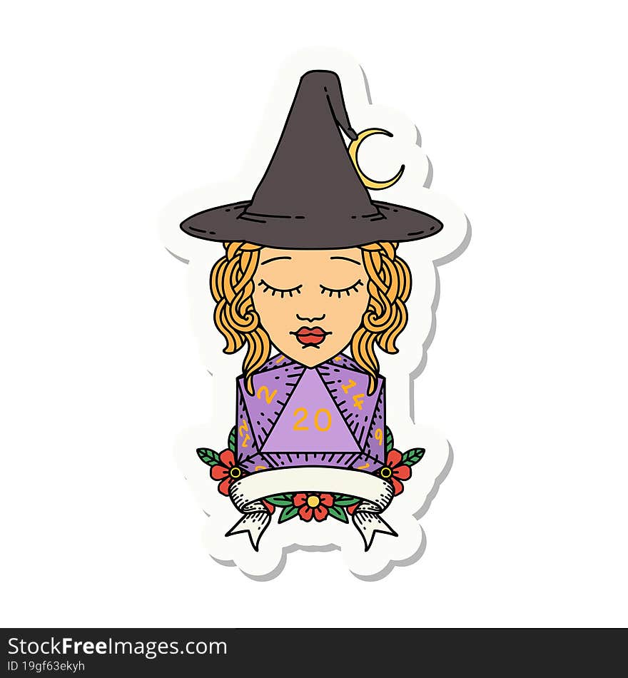 sticker of a human witch with natural twenty dice roll. sticker of a human witch with natural twenty dice roll