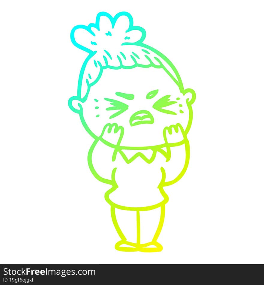 cold gradient line drawing of a cartoon angry woman