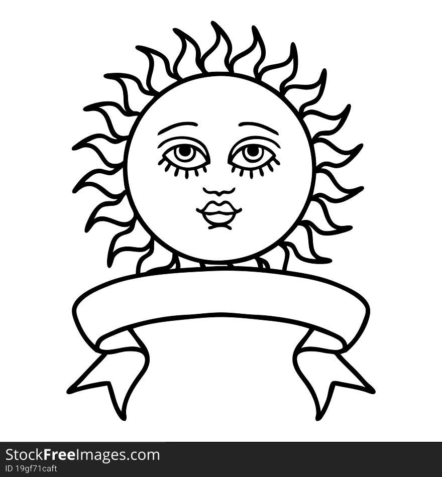 Black Linework Tattoo With Banner Of A Sun With Face