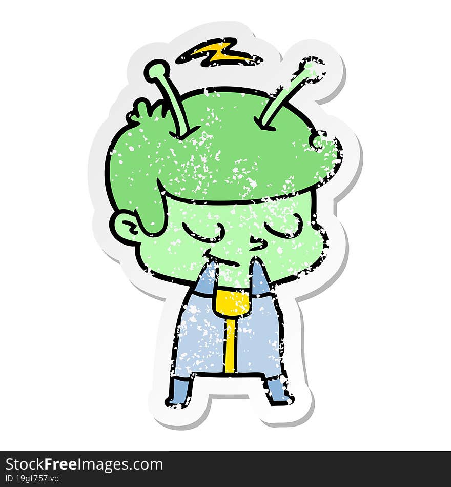 distressed sticker of a self conscious cartoon spaceman