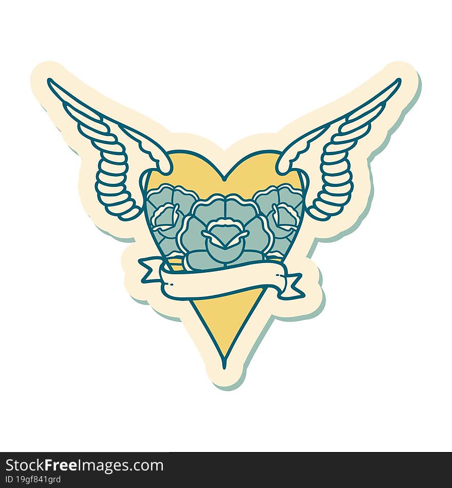 sticker of tattoo in traditional style of a heart with wings and banner. sticker of tattoo in traditional style of a heart with wings and banner