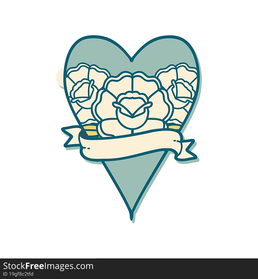 sticker of tattoo in traditional style of a heart and banner with flowers. sticker of tattoo in traditional style of a heart and banner with flowers