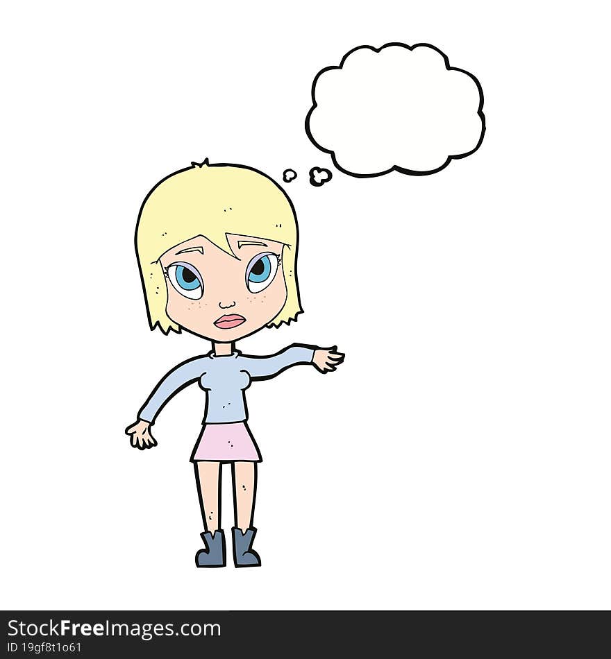 cartoon woman waving hand with thought bubble