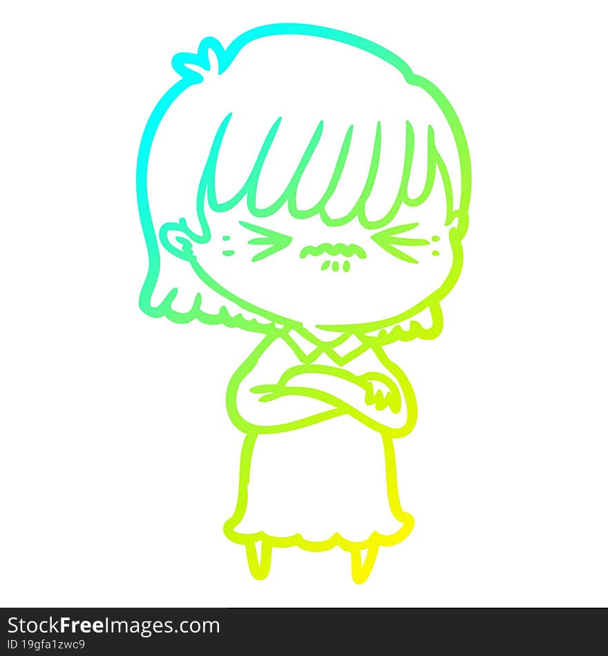 Cold Gradient Line Drawing Annoyed Cartoon Girl