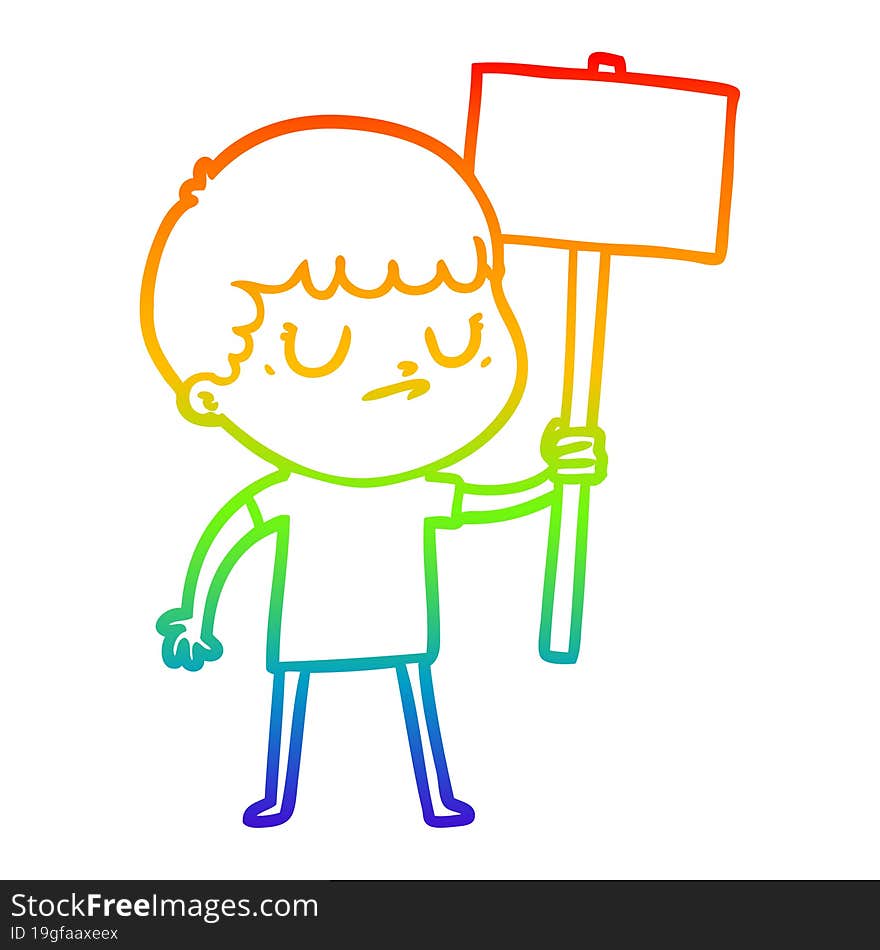 rainbow gradient line drawing cartoon grumpy boy with placard