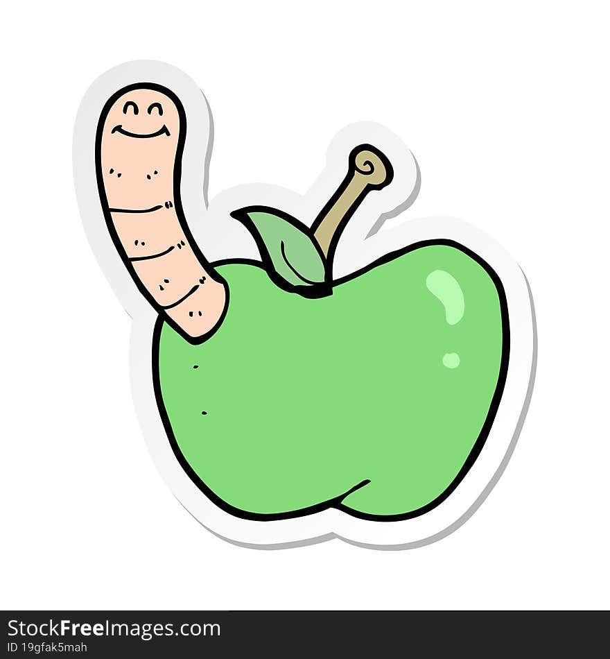 sticker of a cartoon apple with worm