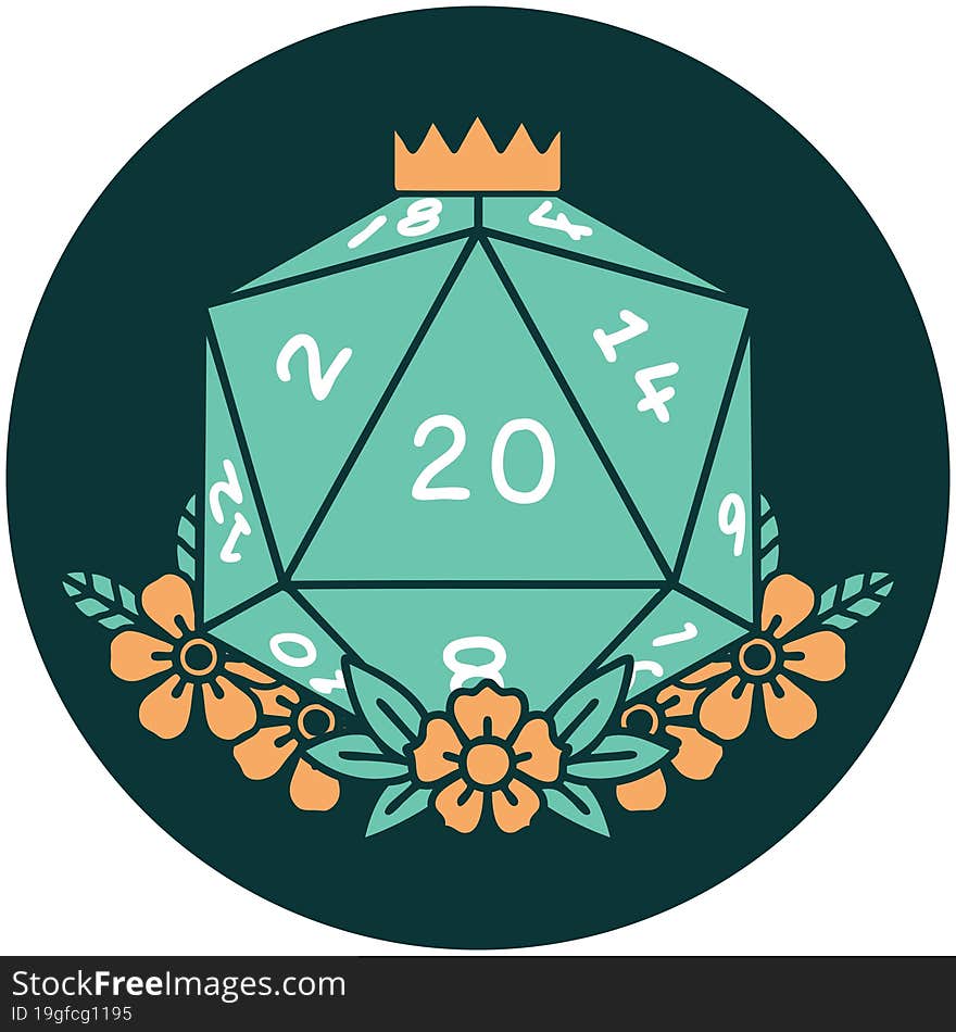 Natural 20 D20 Dice Roll With Floral Elements Icon