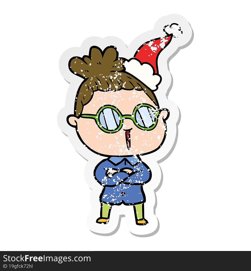 Distressed Sticker Cartoon Of A Woman Wearing Spectacles Wearing Santa Hat