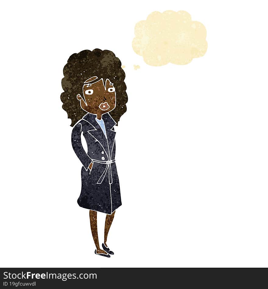 cartoon woman in trench coat with thought bubble