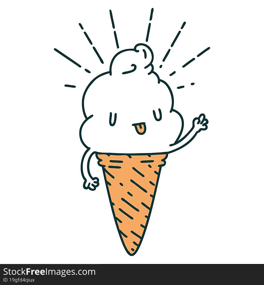 traditional tattoo style ice cream character waving