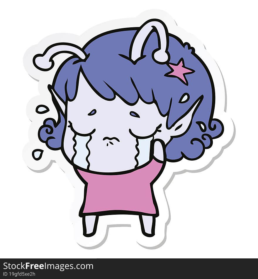 sticker of a cartoon crying alien girl