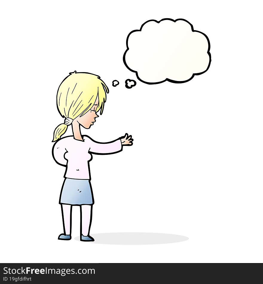 cartoon woman gesturing with thought bubble