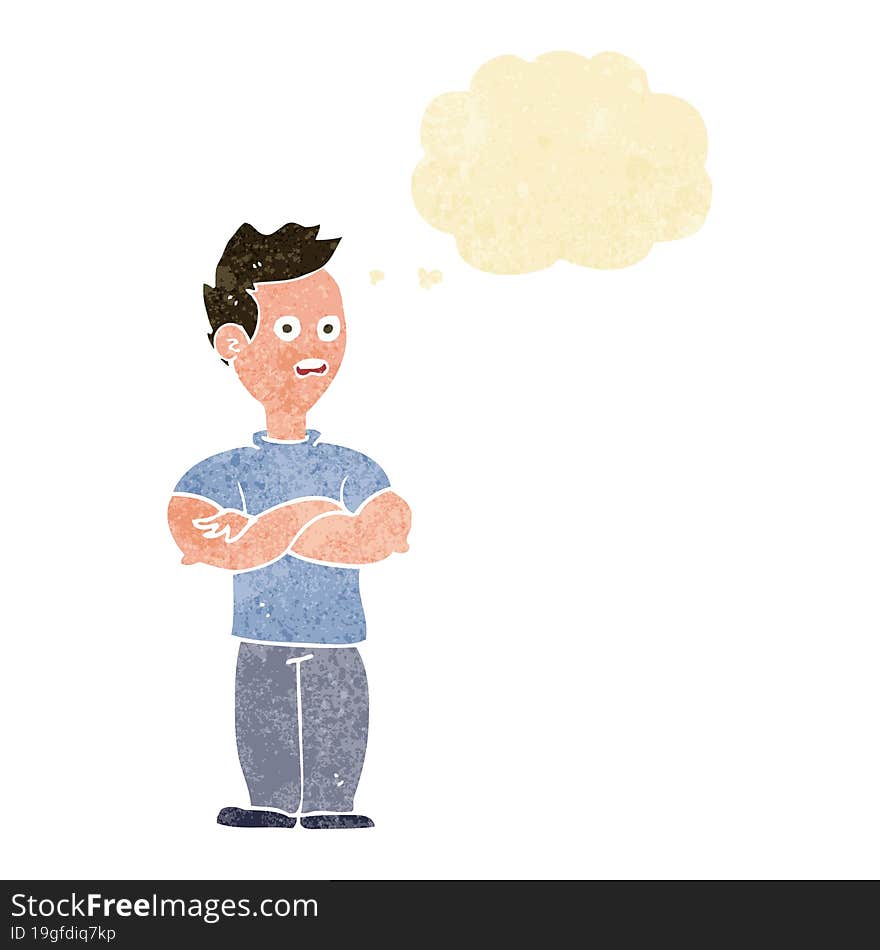 cartoon man with crossed arms with thought bubble