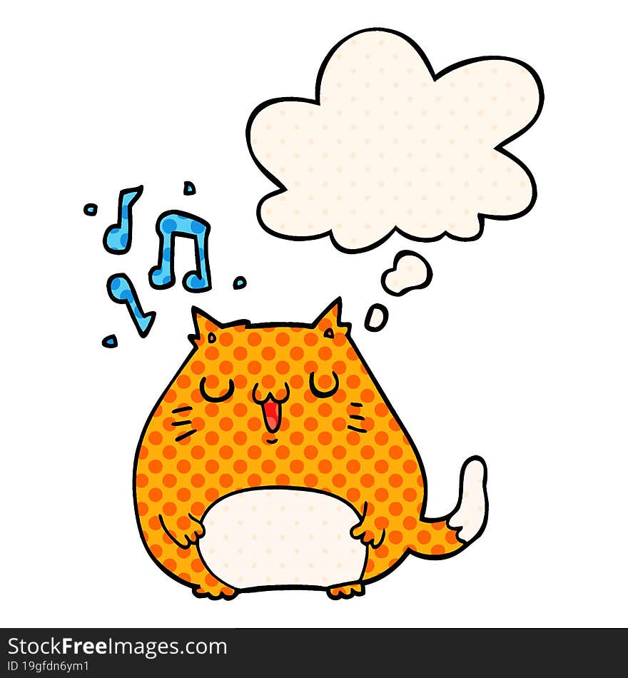 cartoon cat singing with thought bubble in comic book style