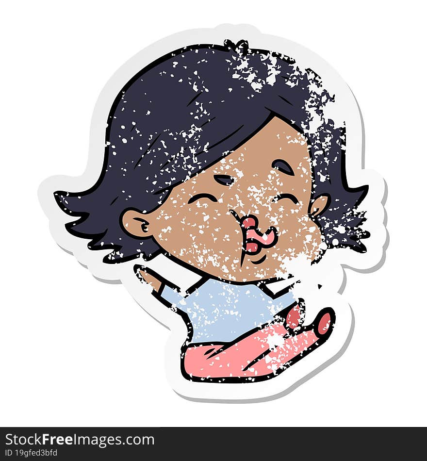 Distressed Sticker Of A Cartoon Girl Pulling Face