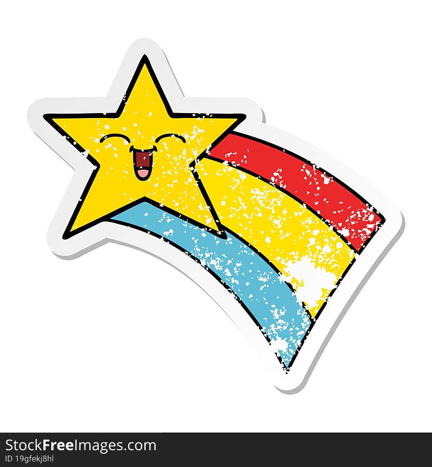 distressed sticker of a cute cartoon shooting rainbow star