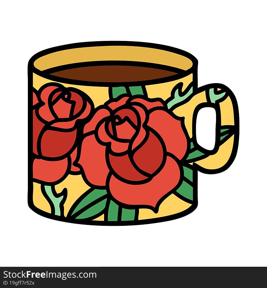 traditional tattoo of a cup and flowers