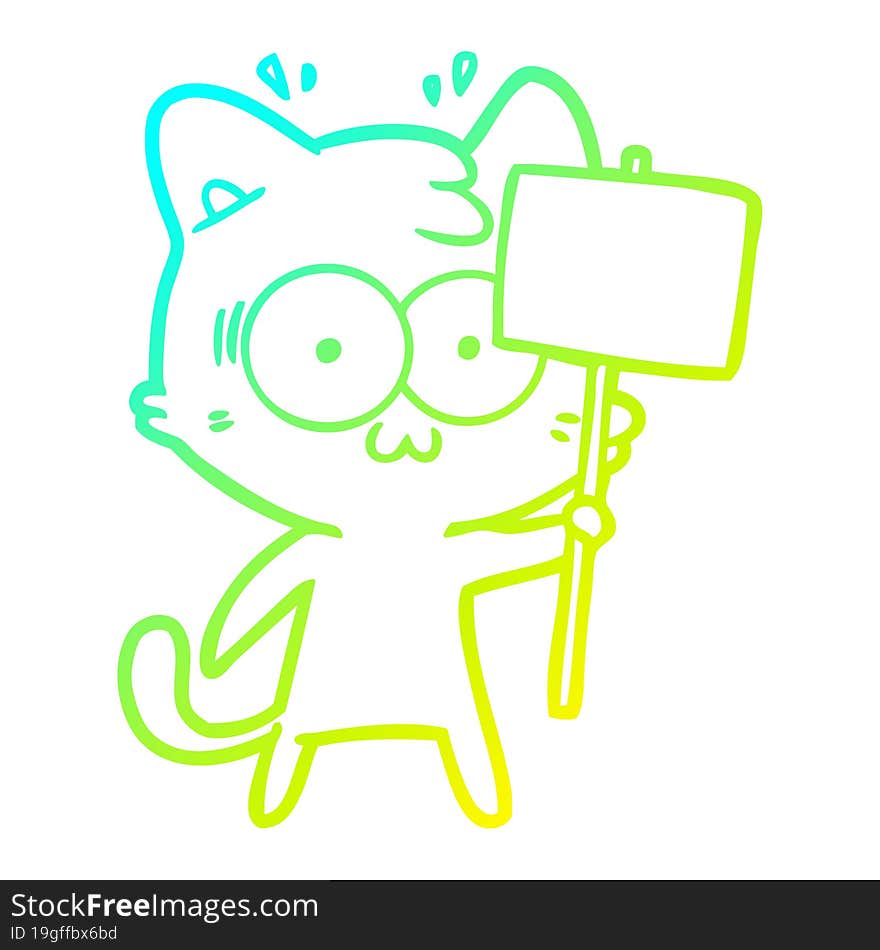 cold gradient line drawing of a cartoon surprised cat waving sign