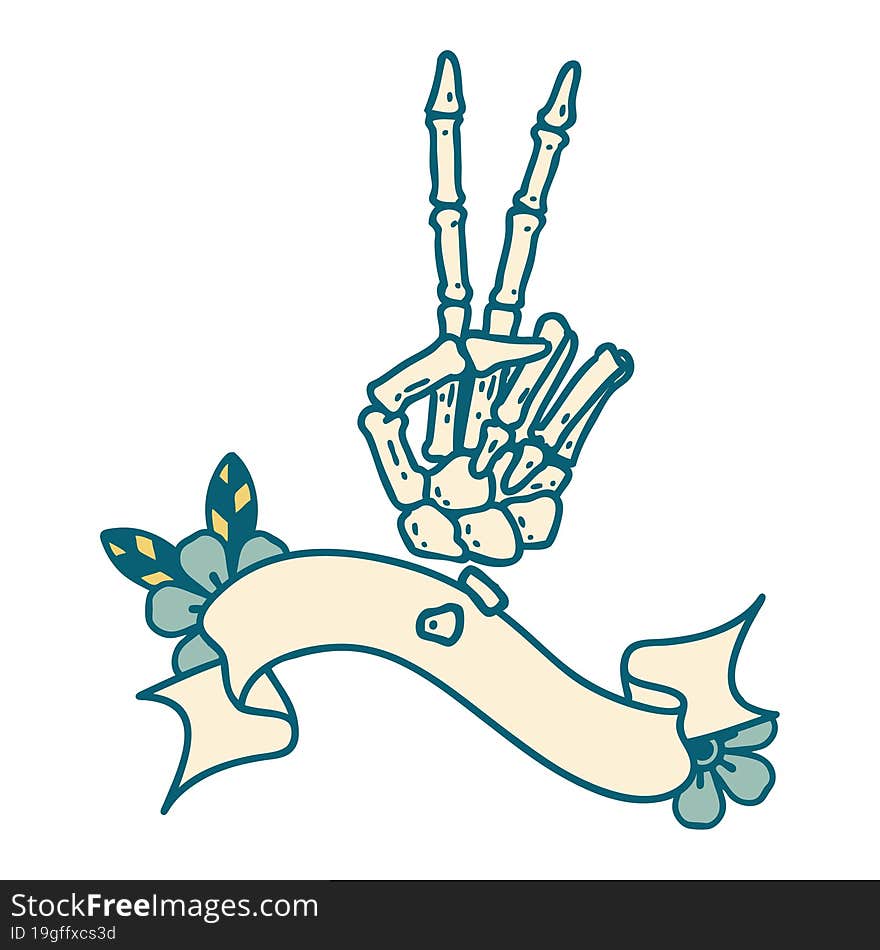 tattoo with banner of a skeleton hand giving a peace sign