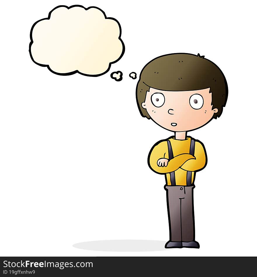 cartoon staring boy with folded arms with thought bubble