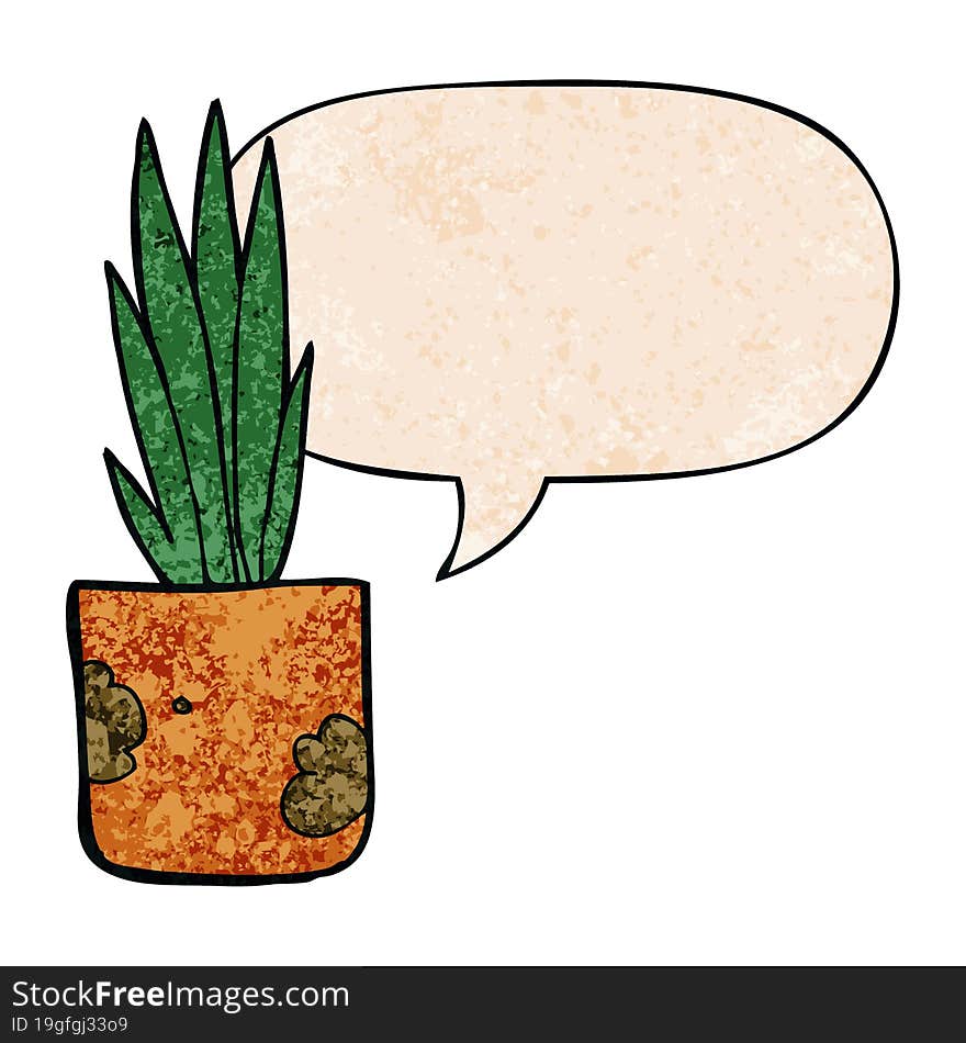 Cartoon House Plant And Speech Bubble In Retro Texture Style