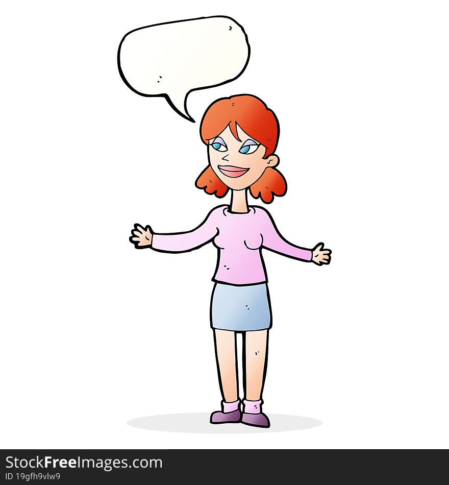 cartoon happy woman shrugging shoulders with speech bubble