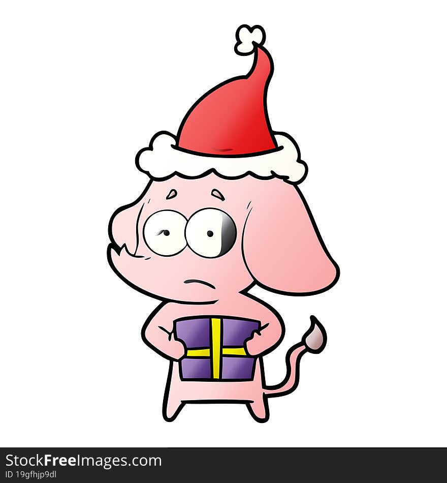 Gradient Cartoon Of A Unsure Elephant With Christmas Present Wearing Santa Hat