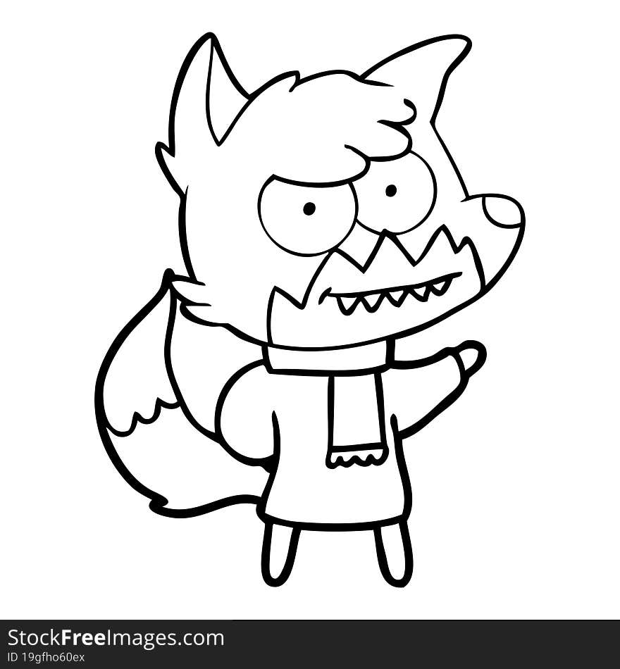 cartoon grinning fox in winter clothes. cartoon grinning fox in winter clothes