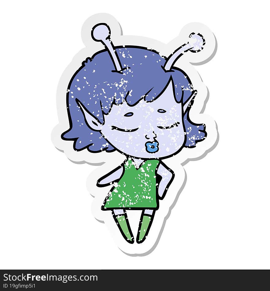 distressed sticker of a cute alien girl cartoon