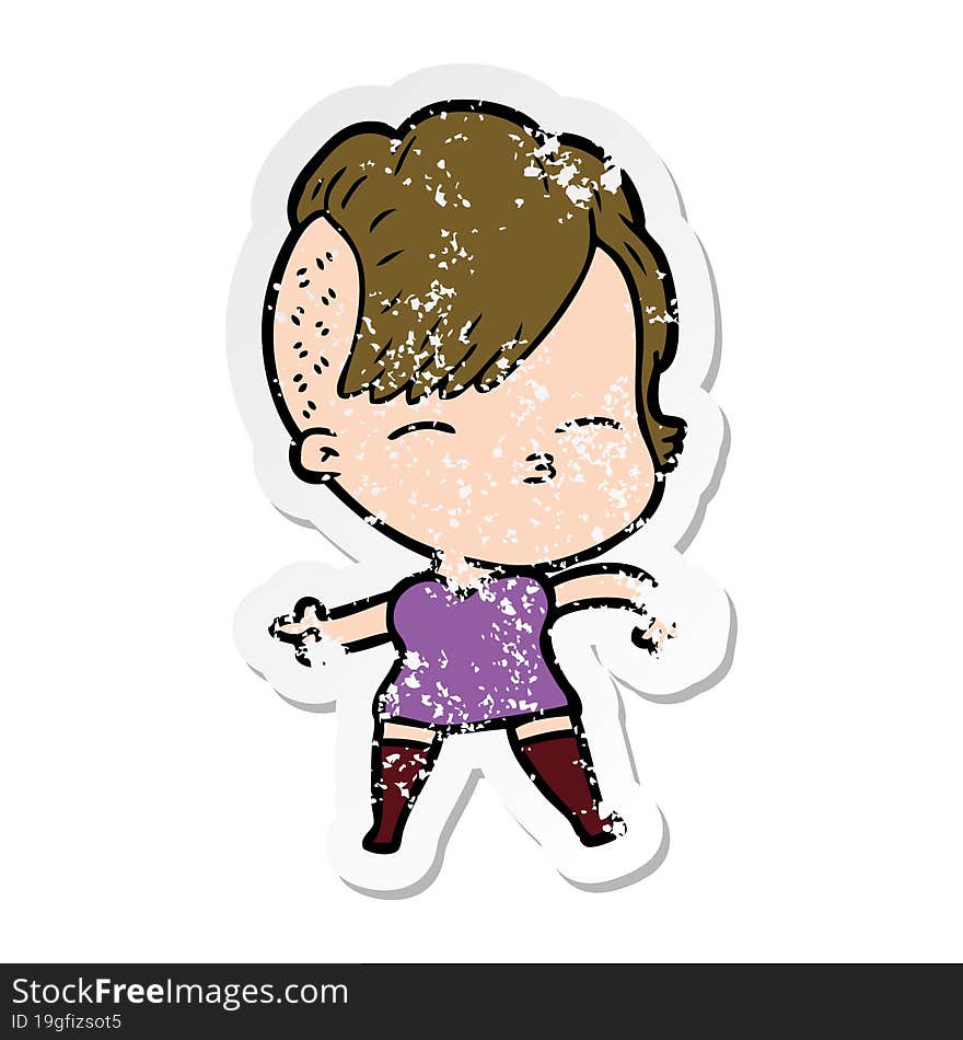 distressed sticker of a cartoon squinting girl