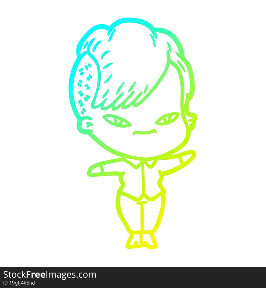 cold gradient line drawing of a cute cartoon girl with hipster haircut