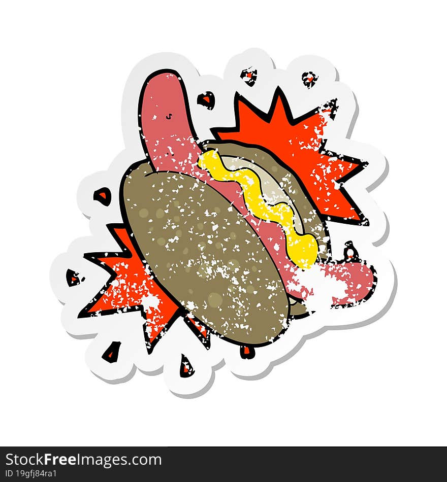 retro distressed sticker of a cartoon hotdog