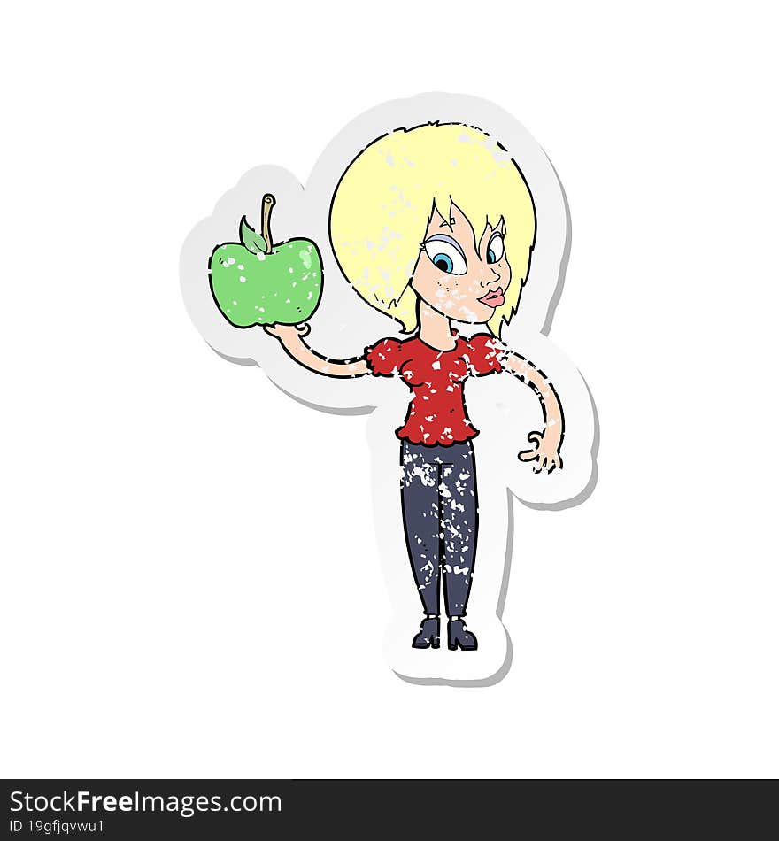 retro distressed sticker of a cartoon woman holding apple