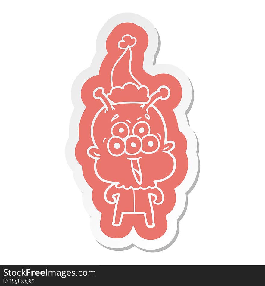 happy cartoon  sticker of a alien wearing santa hat