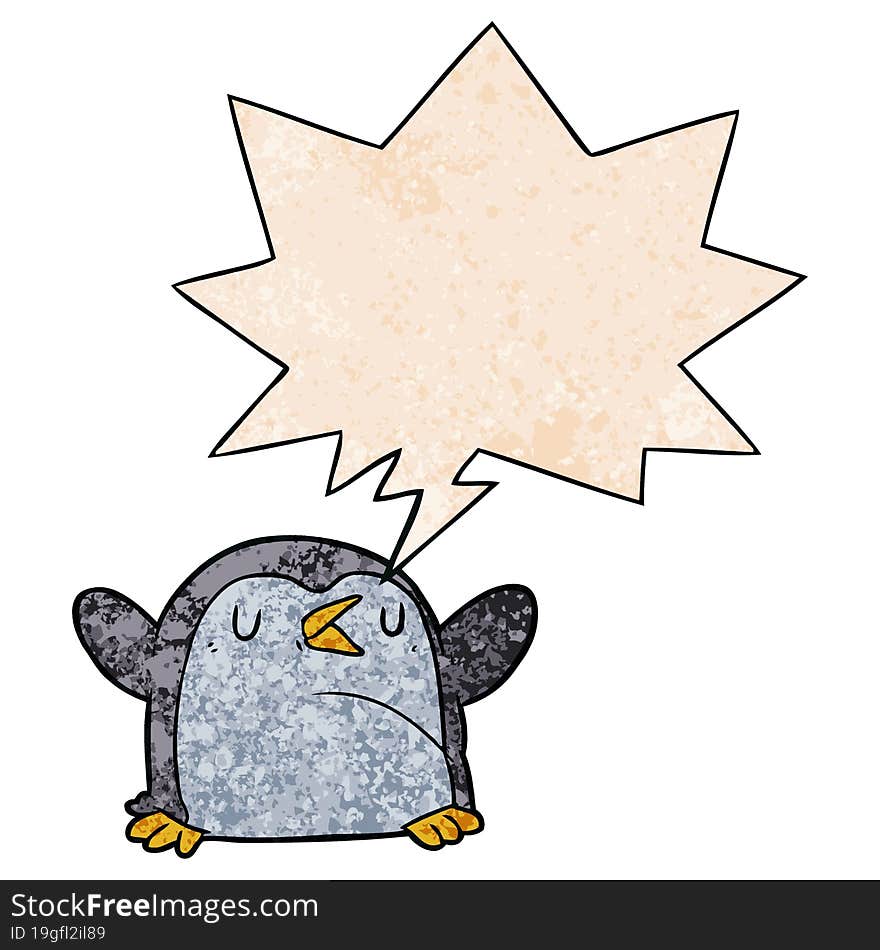 cartoon penguin and speech bubble in retro texture style