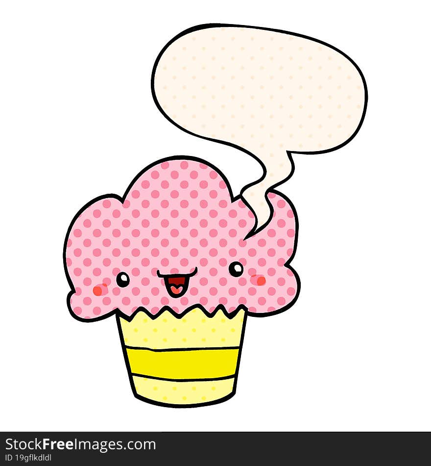 cartoon cupcake and face and speech bubble in comic book style